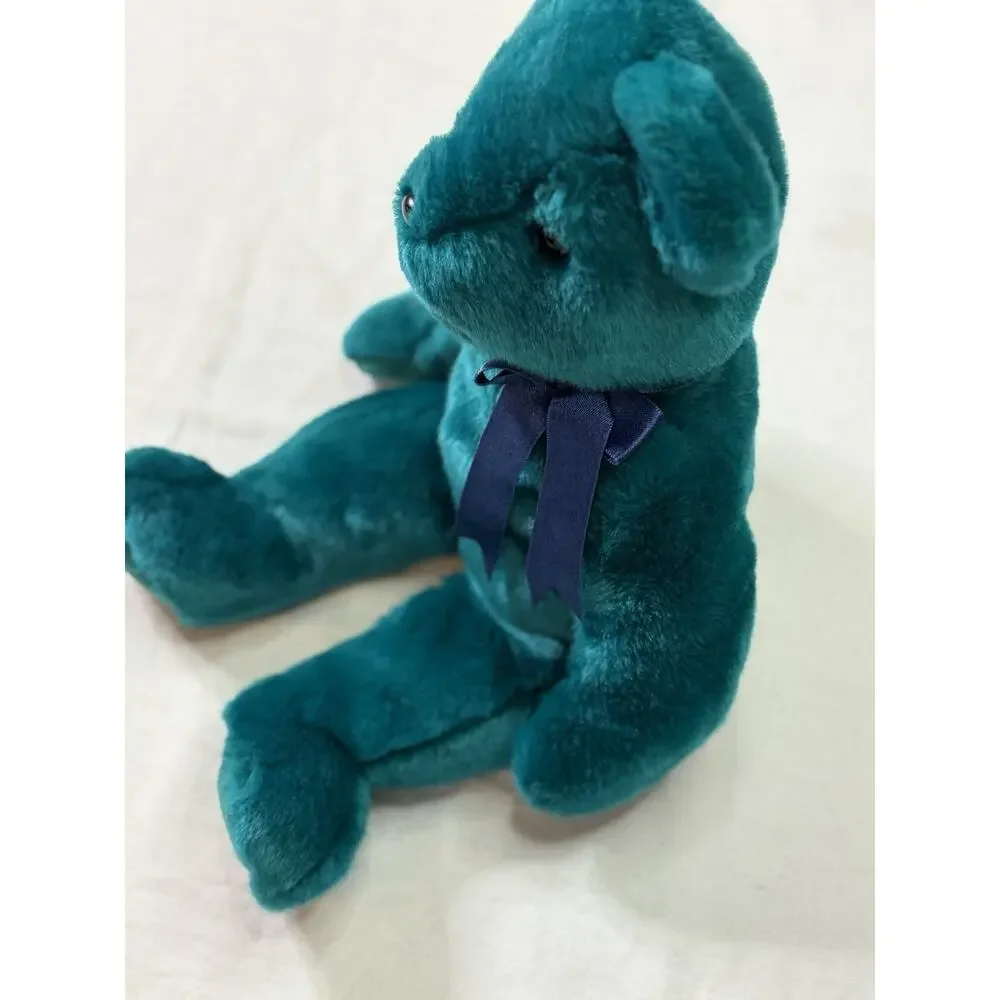 VTG Ty Beanie Buddies Teal Teddy Bear Blue Ribbon Plush 14” Stuffed Animal 1990